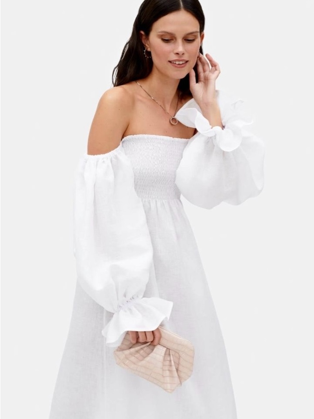 Sleeper linen Dress White Maxi Dress with Puff Sleeves